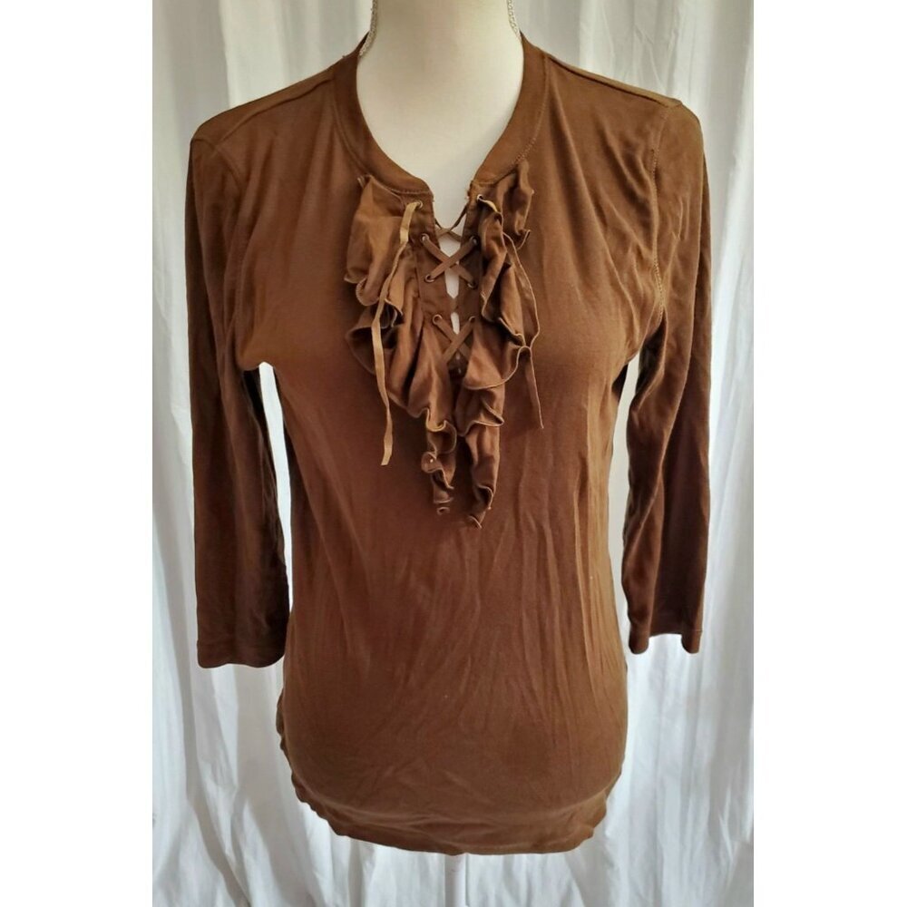 Lauren Jean Co. Autumn Y2K Ruffled Lace Up Top 3/4 Sleeve Feminine Size Medium